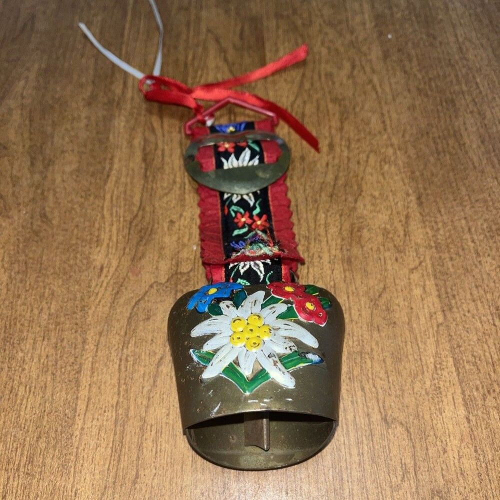 Vintage Brass Cow Bell, Hand-Painted Flowers Embroidered Strap